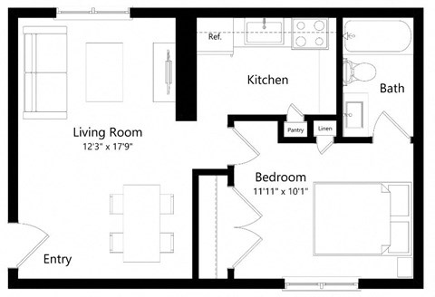 Floor plan for 1 bed, 1 bath, 540 sqft